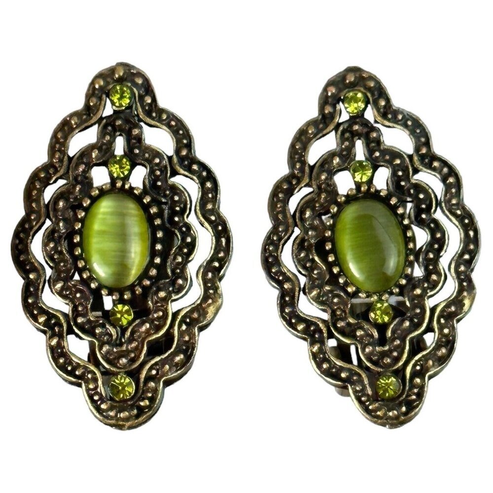 Vintage Green Cat’s Eye Chrysoberyl, Rhinestone & Marcasite Clip Earrings Rare